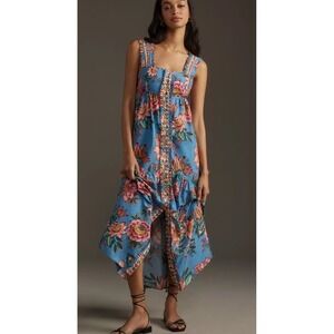 Farm Rio Anthropologie Wonderful Bouquet Floral Midi Dress Back Tie XS